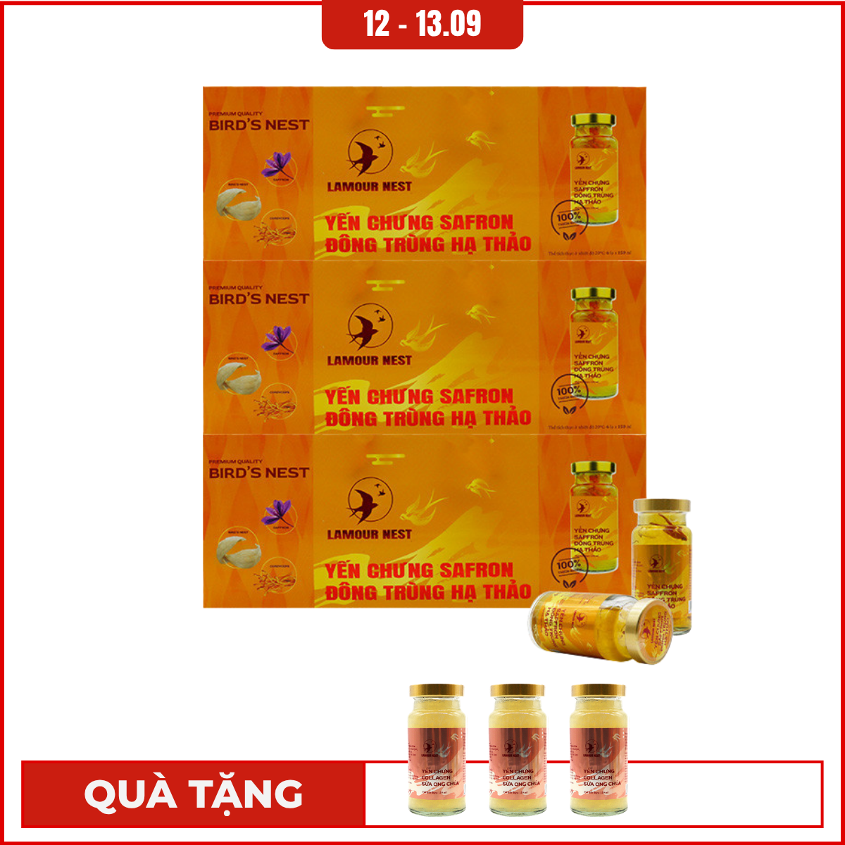 REC - Lamour Nest - Combo 3 hộp Yến chưng Saffron đông trùng hạ thảo (6 hũ/hộp, 150ml/hũ) tặng 3 hũ yến 150ml/hũ Yến chưng Collagen sữa ong chúa [new]